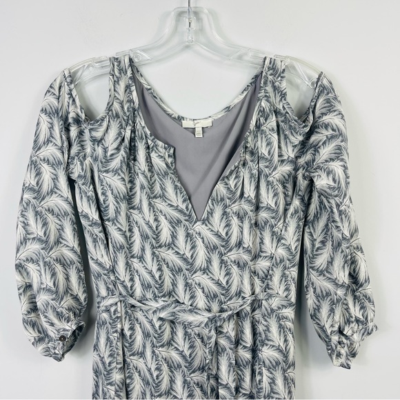 Joie Isaline Feather Cold Shoulder Mini Dress Gray White Print Silk Tie Belt XXS - Picture 7 of 15